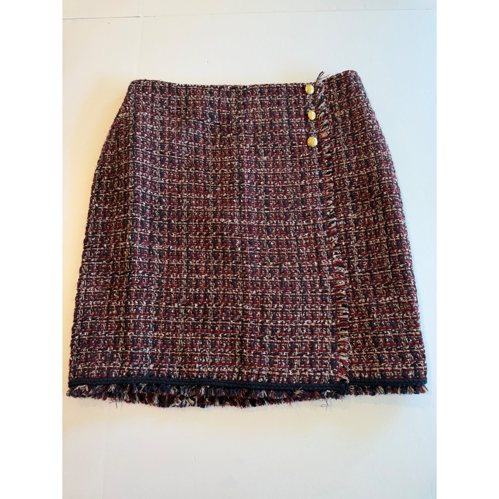 Talbots Petites Burgundy Tweed Faux Wrap Mini Skirt Gold Buttons Size 12P